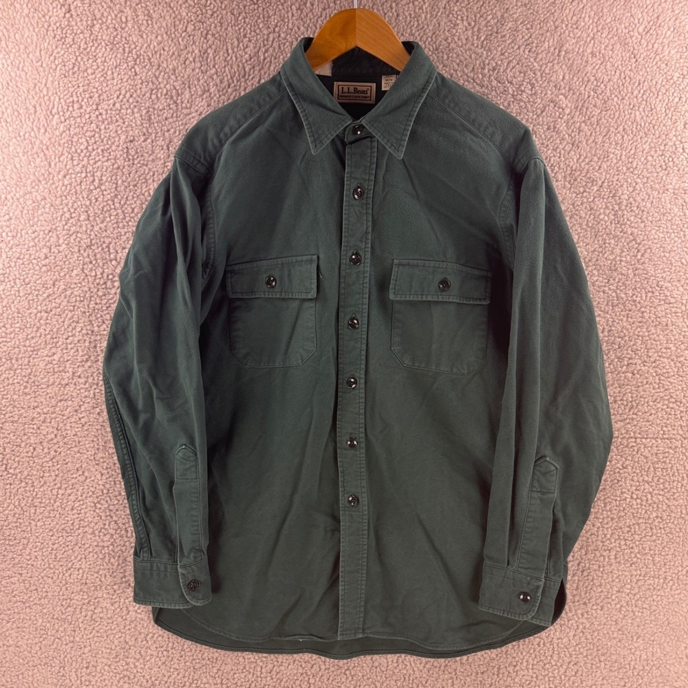 LL Bean Chamois Cloth Shirt Mens 16.5 L Forest Green Cotton Made in USA Vintage